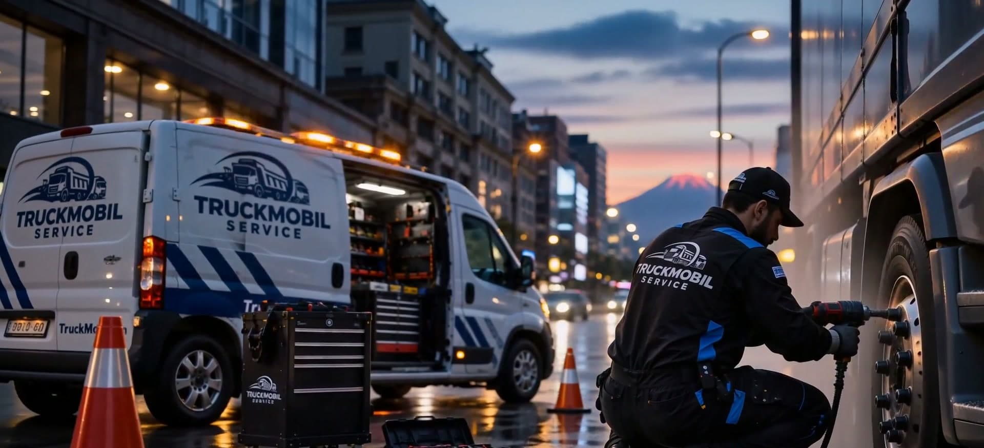 Мастер у колеса грузовика в сумерках на улице Еревана, рядом фургон TruckMobil, на фоне Арарат